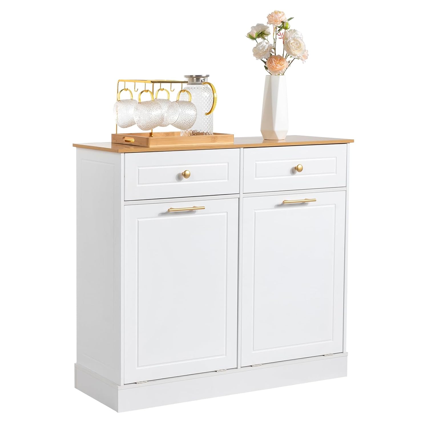 Kitchen Trash Can Cabinet - Freestanding Garbage Storage Cabinet - Tilt Out Trash Cabinet with Drawer and Laundry Hamper