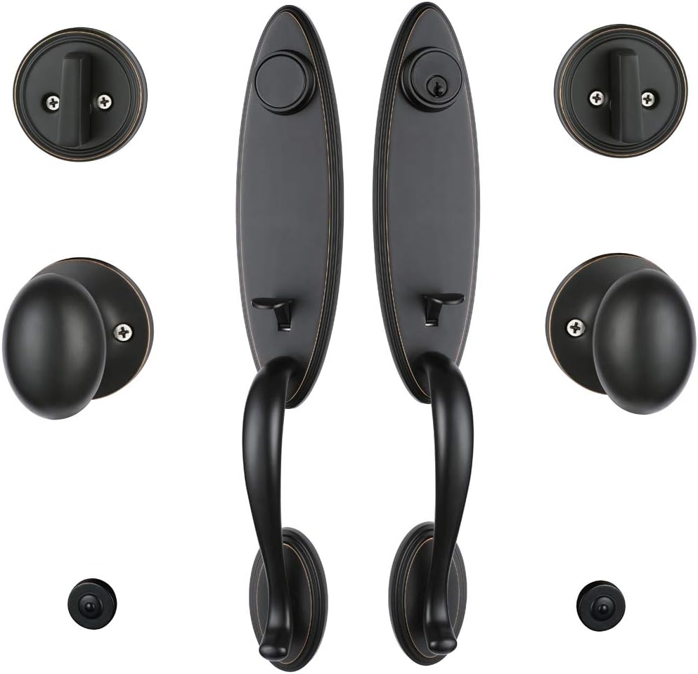Double Door Handle Set Lock for Exterior Front Door (Keyed Entry Handle and Dummy Handleset Set),MDHST200610B-SET-BR