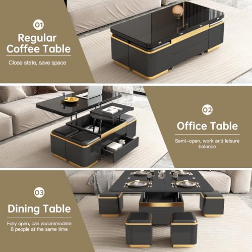 3-in-1 Multi-Functional Coffee Table with Glass Tabletop, Lift Top Center Table with 4 Storage Stools, Expandable Dining Table for Living Room