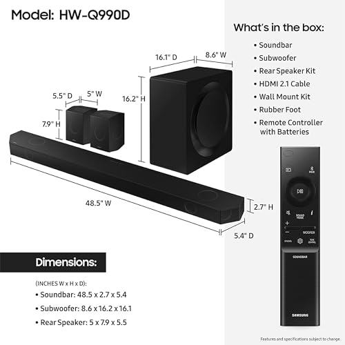 SAMSUNG Q990D 11.1.4ch Soundbar w/Wireless Dolby Atmos Audio, Rear Speaker Included, Q-Symphony, SpaceFit Sound Pro, Adaptive Sound