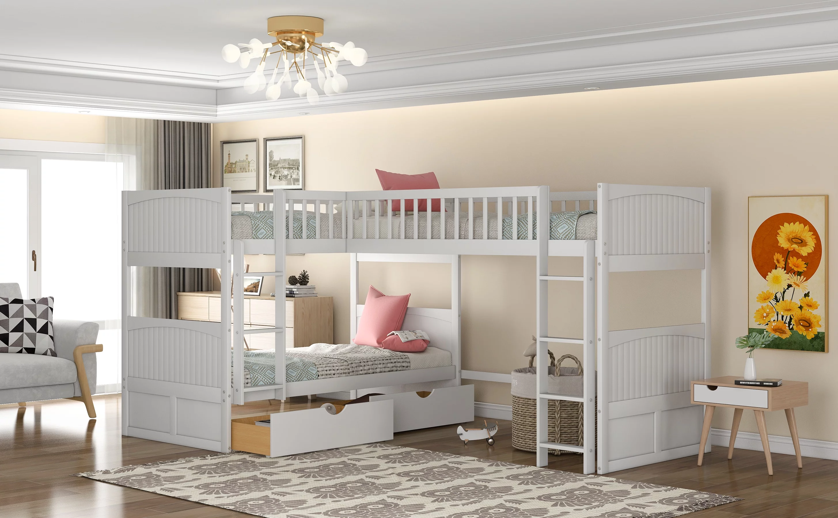 Euroco Twin Size L-Shaped Wood Triple Bunk Bed with Drawers for Kid's Bedroom, White