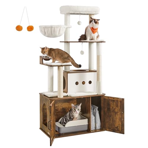Feandrea Cat Tree, 66.9-Inch Cat Tower with Litter Box Enclosure, Large Cat Condo with Food Station, Storage, Scratching Posts, Cat Cave, Hammock