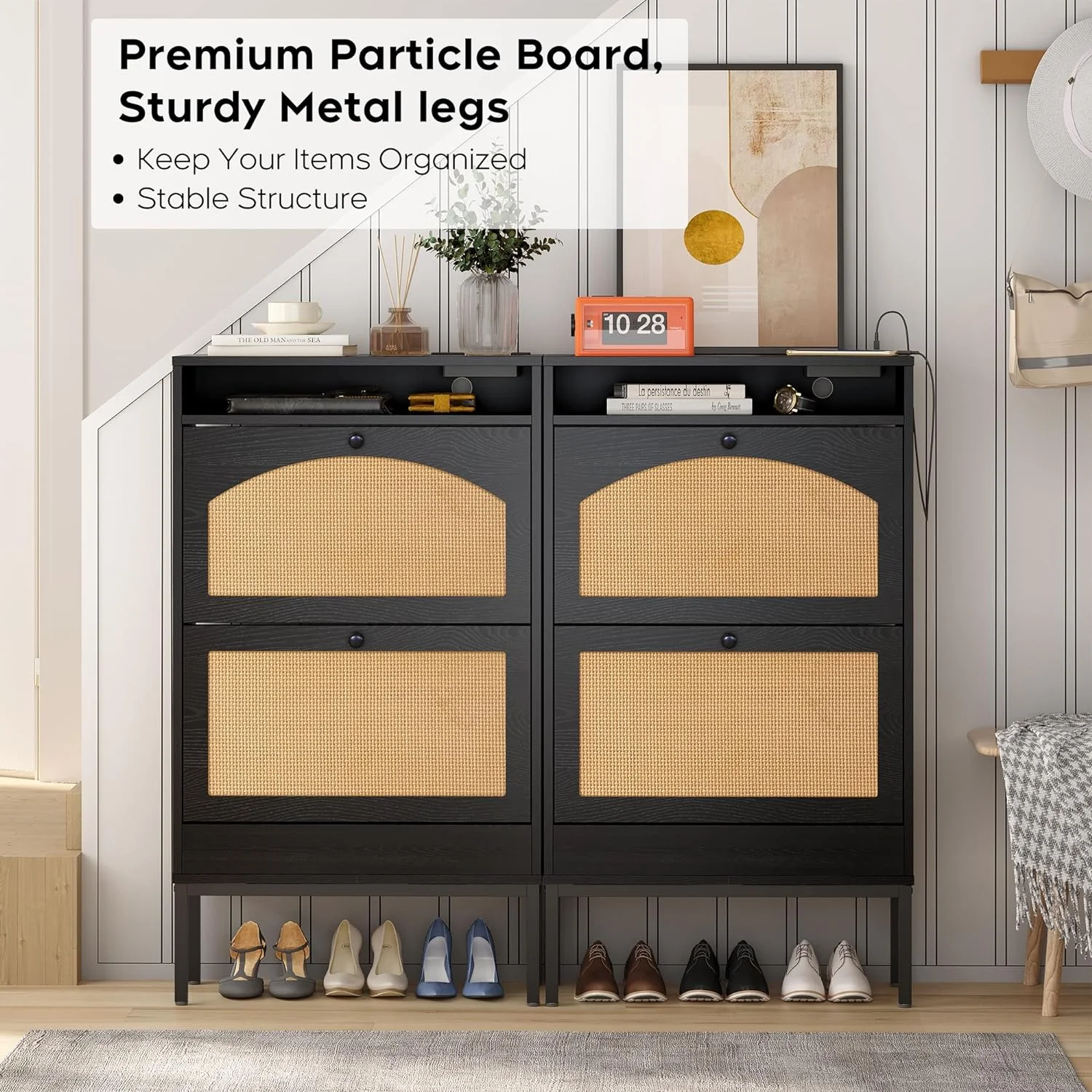 Shoe Storage Cabinet, Freestanding Organizer with Doors, Narrow Shoe Rack Cabinet, Slim Hidden Cabinet for Entryway/Hallway (Black, Small)