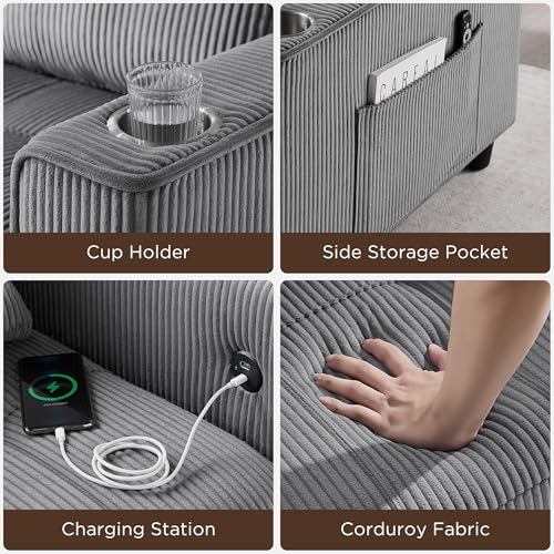 OKD 3 in 1 Convertible Sleeper Sofa Bed, Corduroy Pull Out Futon Couch with Charging Station & Cup Holder