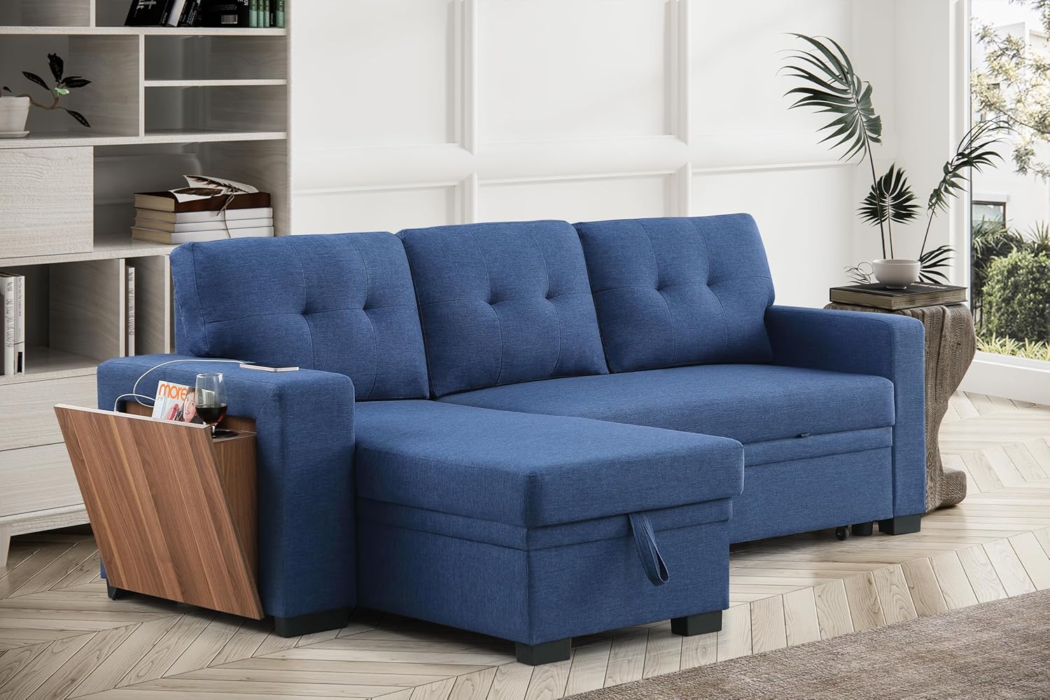 L-Shaped Sectional Sleeper Sofa with Reversible Storage Chaise, Hidden Compartment, Cup Holder, USB Port, and Pull-Out Bed