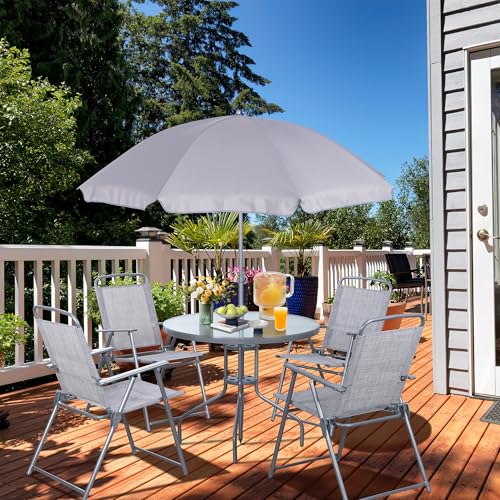 Vongrasig 6 Piece Folding Patio Dining Set,Small Metal Outdoor Garden Patio Table and Chair Set w/Umbrella for Lawn,Deck,Backyard,Black