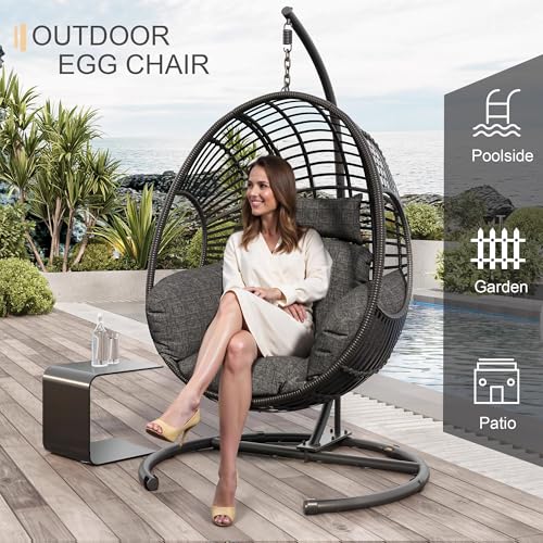 Oversized Hanging Egg Chair Outdoor Indoor, Wicker Swing Egg Chair with Stand 400lbs Capacity for Bedroom, Patio, Garden and Balcony (Beige-nest