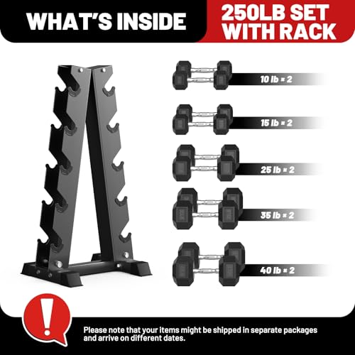 PAPABABE Hex Dumbbell Sets with Rack, 60-550lb Rubber Coated Dumbbell Weight Set and Storage Rack, Multiple Options Hand Weights for Strength Training