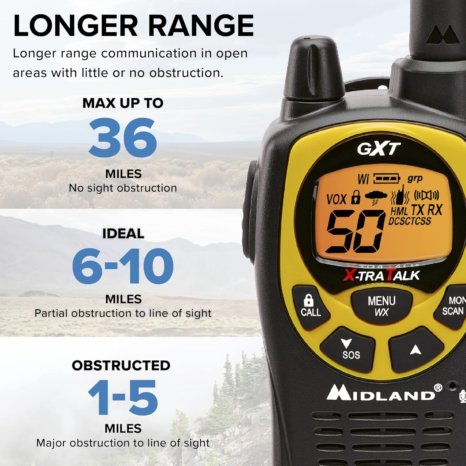 Midland 50 Channel Waterproof GMRS Two-Way Radio - Long Range Walkie Talkie with 142 Privacy Codes, SOS Siren