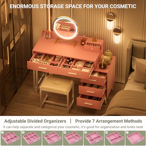 White Vanity Desk with Mirror and Lights, Modern Makeup Vanity Table Set with 6 Storage Drawers and Cushioned Stool for Bedroom
