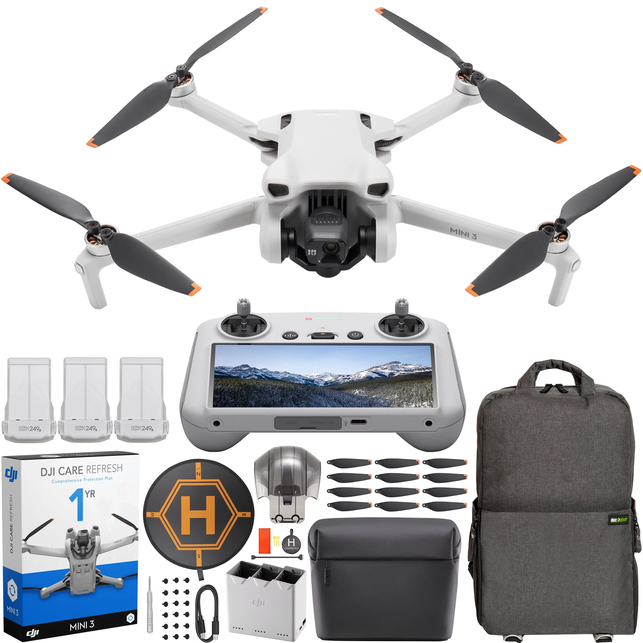 DJI Mini 3 Camera Drone Quadcopter with RC Smart Remote Controller + Fly More Kit CP.MA.00000613.01 with DJI Care Refresh 1YR Plan Bundle with Deco