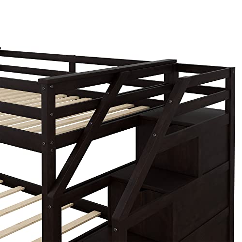 Ball & Cast Twin-Over-Twin Bunk Bed with Twin-Size Trundle and 3 Storage Stairs,Wood Bunkbed w/Full-Length Guardrails,Slat Support