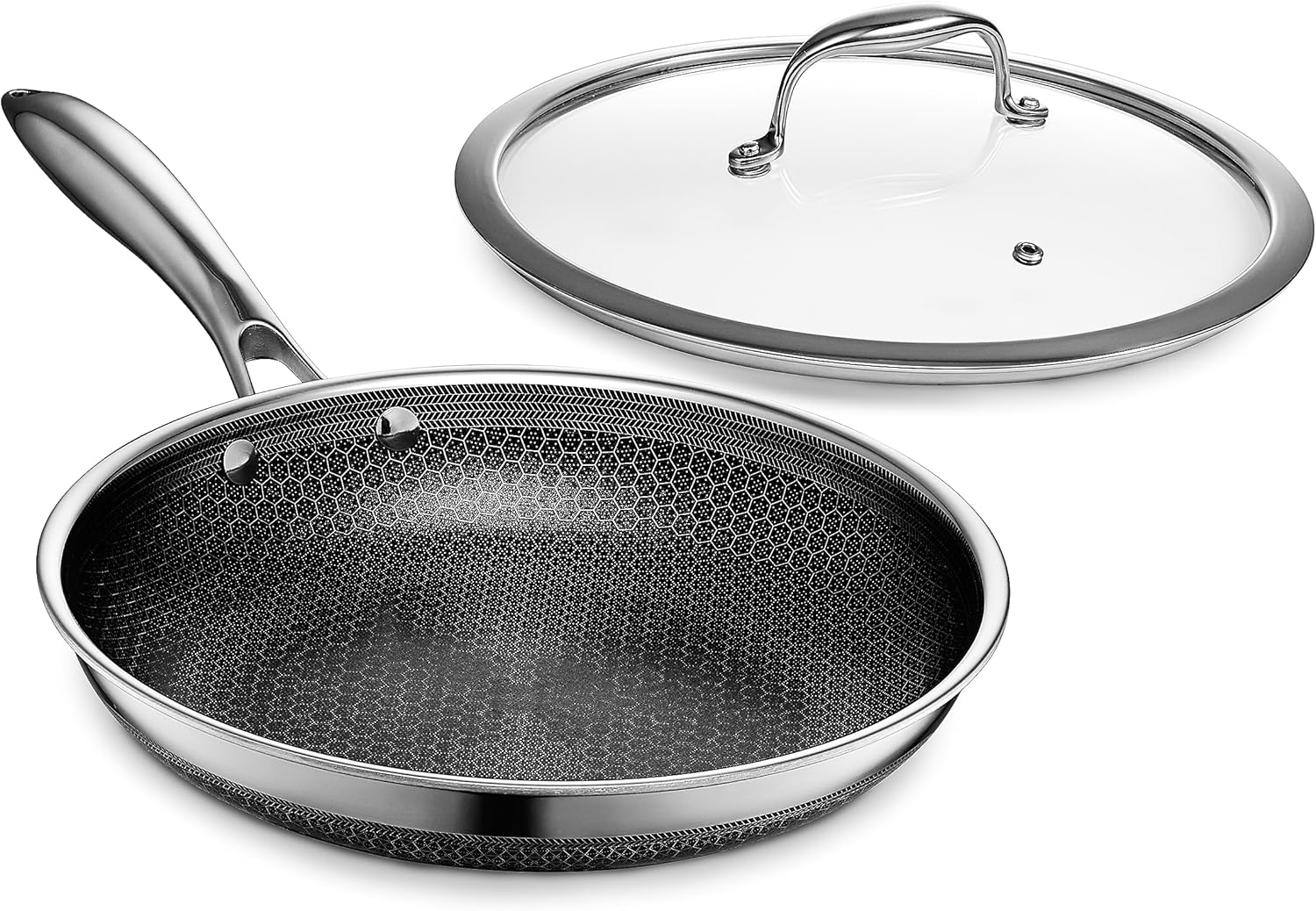 HexClad 3 Piece Hybrid Stainless Steel Cookware Set - 10 Inch Wok and 10 Inch Pan with Lid, Stay Cool Handle, Dishwasher and Oven Safe, Non-Stick
