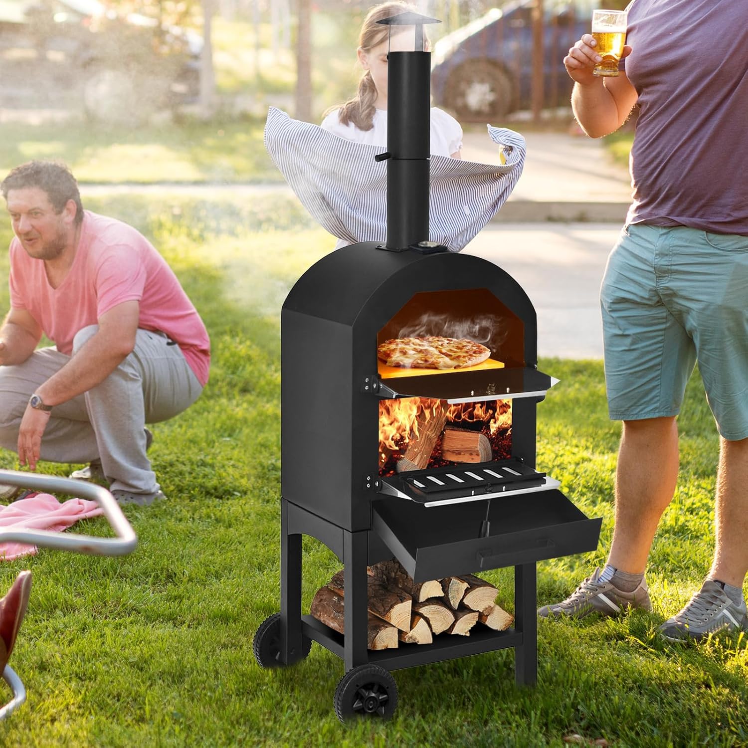 COSTWAY Outdoor Pizza Oven, Wood Fired Pizza Oven for Outside, Patio Pizza Grill with Pizza Stone, Pizza Peel