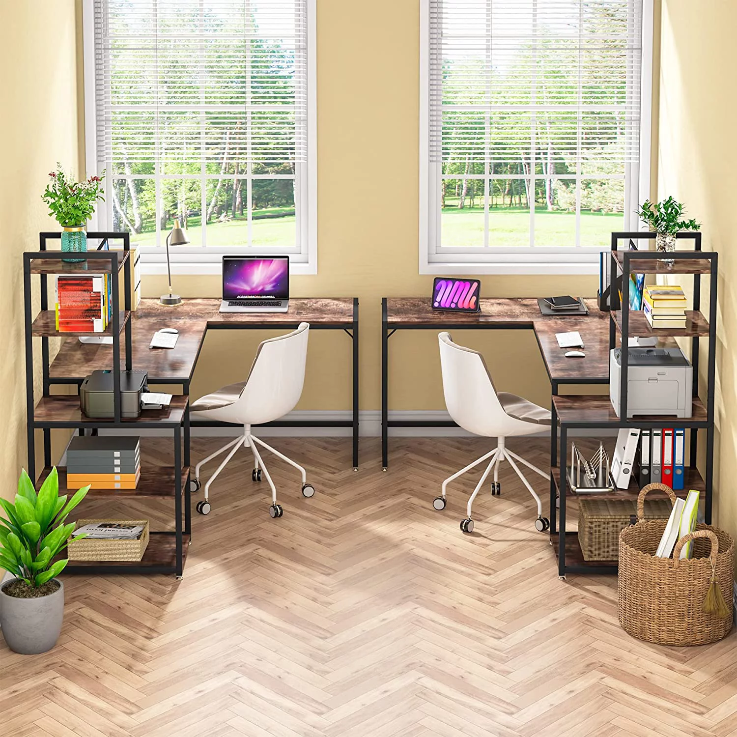 HJZBNONE 79 Inch Reversible L-Shaped Desk  Industrial Large Corner Desk with 5 Tier  Shelves  Large L Desk Home Office Desk Computer Table Writing