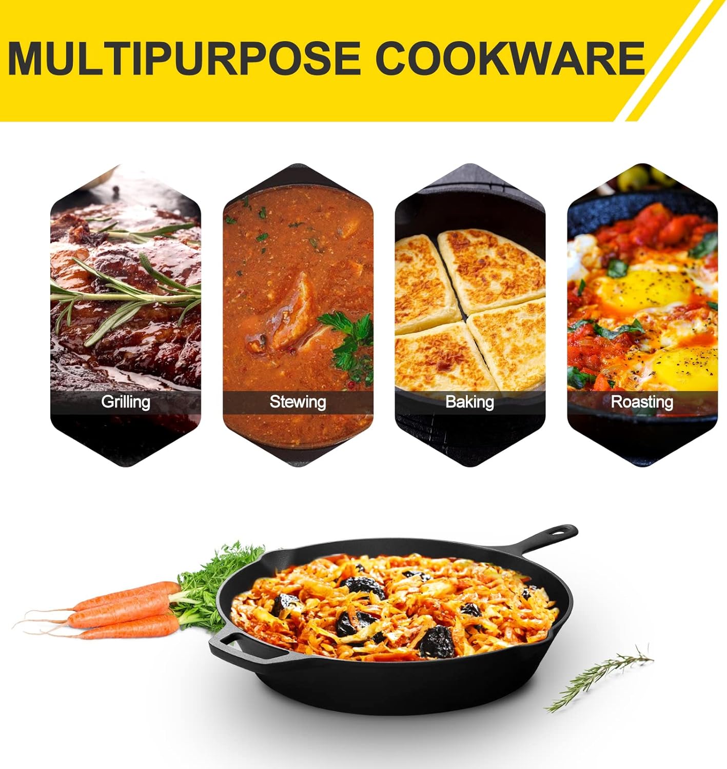 Pre-Seasoned Cast Iron Skillet ,Seasoned Large 15 Dual Handle Frying Pan, Cast Iron Pan for Bread, Baking,Pizza, Indoor / Outdoor Cooking, Camping