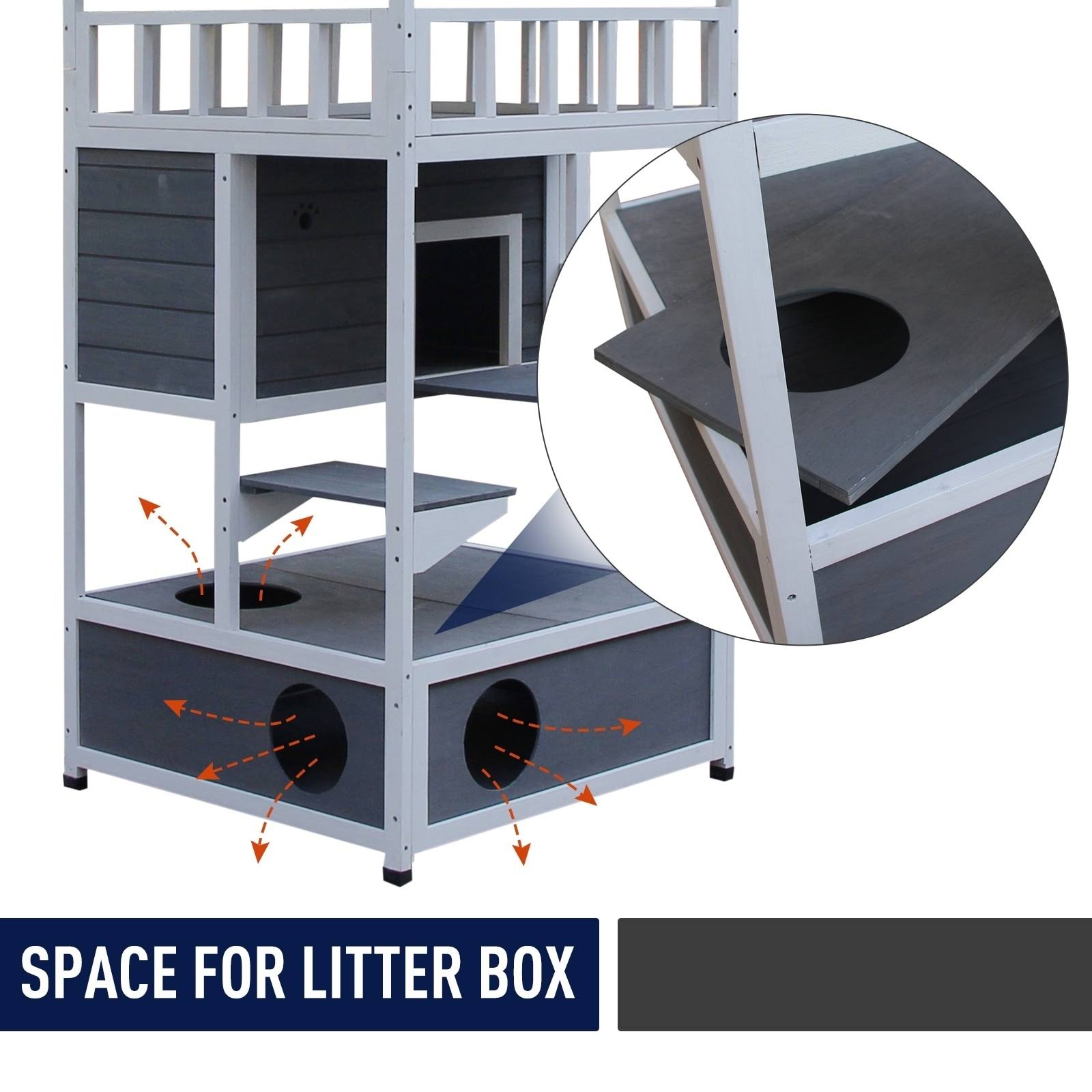 Pawhut Outdoor Solid Wood 4-Floor Cat Condo Pet Villa with Litter Box Space - Gray