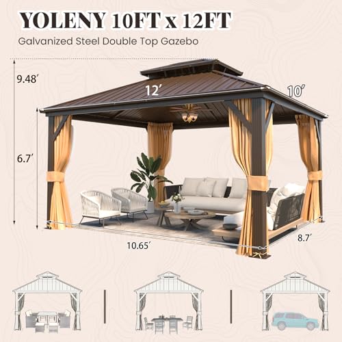 YOLENY 10' x 12' Hardtop Gazebo, Metal Gazebo with Aluminum Frame, Double Galvanized Steel Roof, Curtains and Netting Included