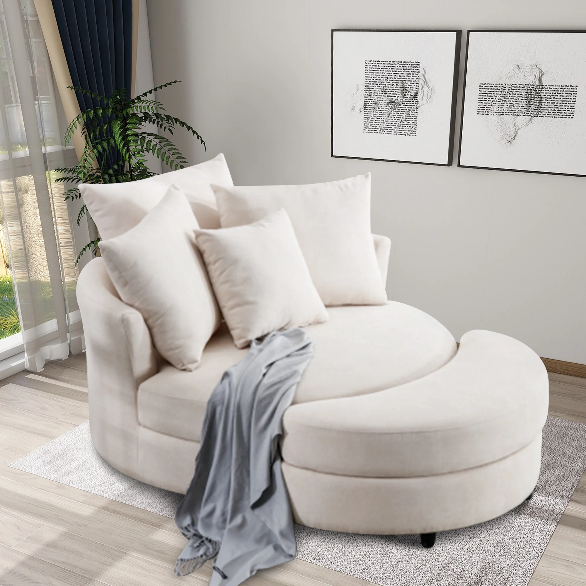 360° Swivel Accent Barrel Chair and Half Crescent Moon Storage Bench Large Ottoman with 4 Pillows