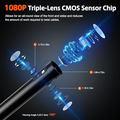 Triple Lens Sewer Camera with 50ft, 5" IPS Screen Borescope with Light, 1080P HD Endoscope IP67 Drain Pipe Snake Drain Camera