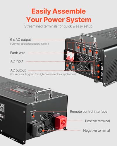 VEVOR Pure Sine Wave Inverter Charger, 2000 Watt, DC 12V to AC 120V, Battery Charger with LCD Display, Remote Control