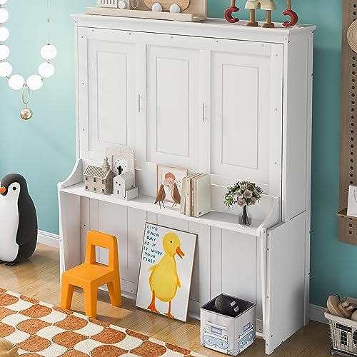 Queen Size Murphy Bed Wall Cabinet with 2 Wardrobe and Storage Shelf, Wooden Murphy Cube Wall Bed
