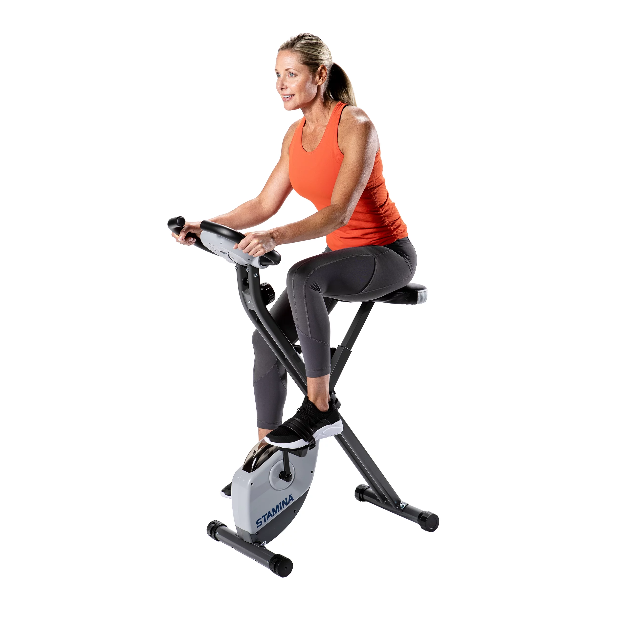 Stamina Folding Cardio Upright Exercise Bike with Heart Rate Sensors and Extra Wide Padded Seat