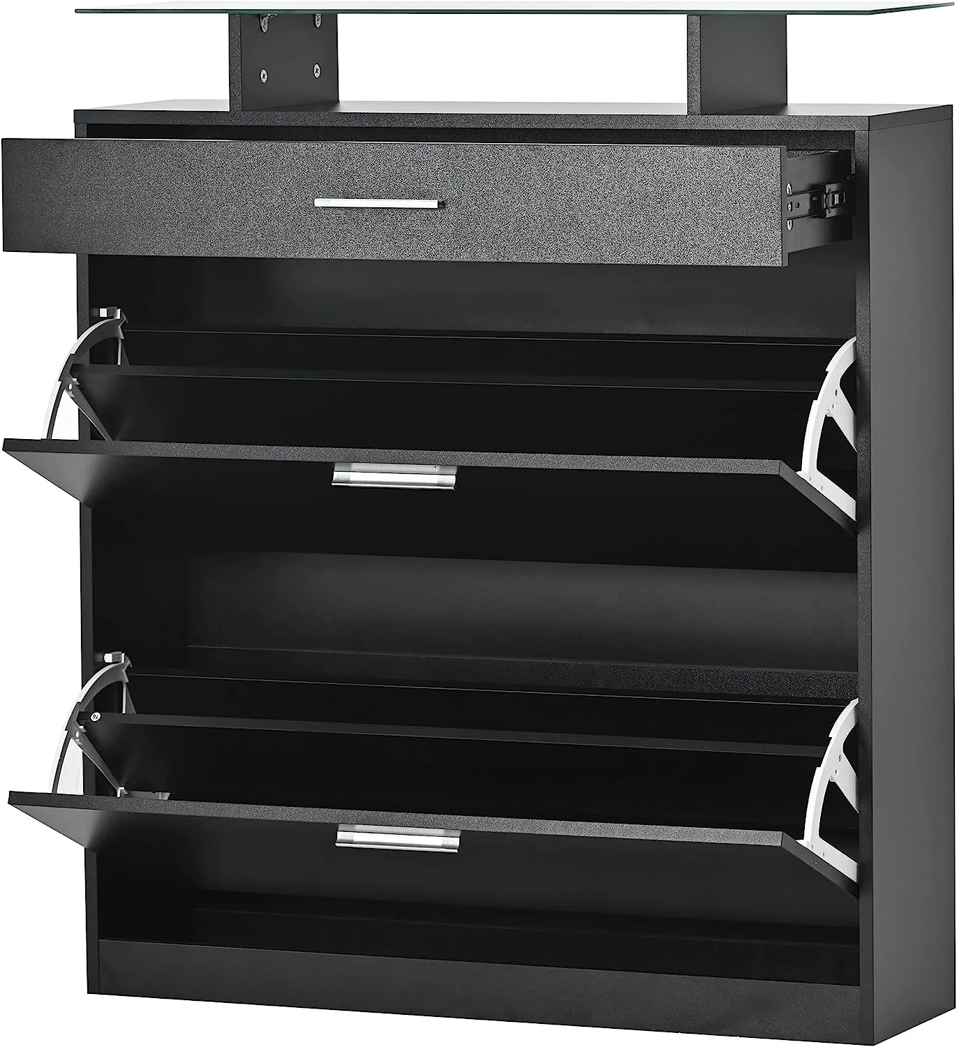 AngLink Slim Entryway Shoe Cabinet with 2 Flip Drawers, Modern Tempered Glass Top Shoe Storage Organizer with Drawer and Open Shelves