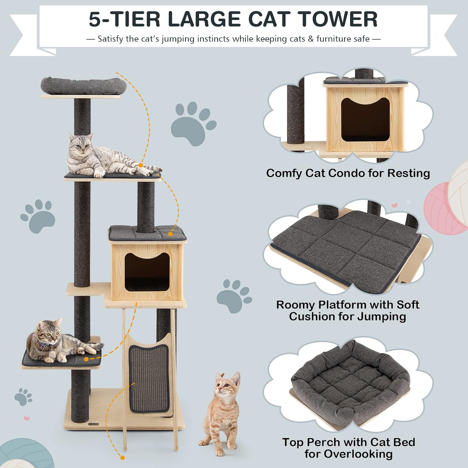 PETSITE 69" Tall Wooden Cat Tree Tower, Modern Cat Activity Center Tree with Sisal Posts & Scratch Board, Condo & Top Perch for Kitchen & Large Cat