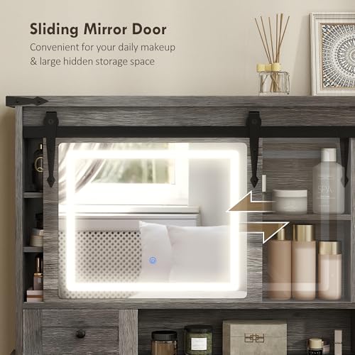 HOMCOM Farmhouse Vanity Desk with Mirror, LED Lights Makeup Vanity Table with 42 Inch Glass Tabletop, Cushioned Stool, Drawers & Shelves & Cabinet