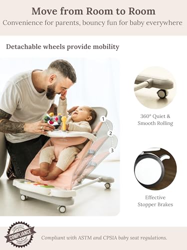 CuddoBaby Baby Bouncer 4-in-1 with Wheels, Detachable Piano, Feeding Tray, Play Bar