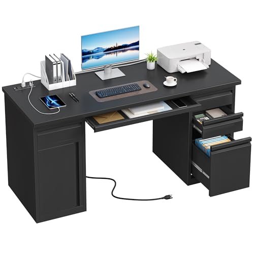 YITAHOME Office Desk with 5 Drawers, Executive Desk with Power Outlets, 57 Inch Computer Desk with File Cabinet, Keyboard Tray