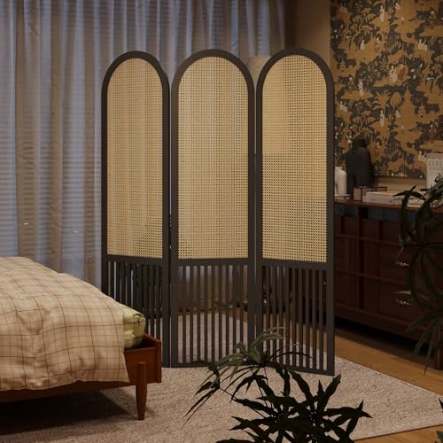 Room Divider and Folding Privacy Screens, Pine Wood 5.6 Ft Double Hinged Rattan Partition Freestanding Wall Room Divider for Home - 3 Panels