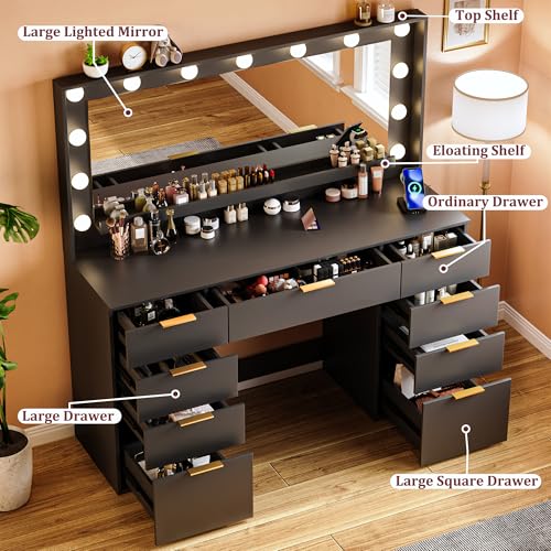 Vanity Desk with Large Mirror and Lights, 45.3in Makeup Vanity with Power Outlet 9 Drawers & Storage, 3 Lighting Color Adjustable
