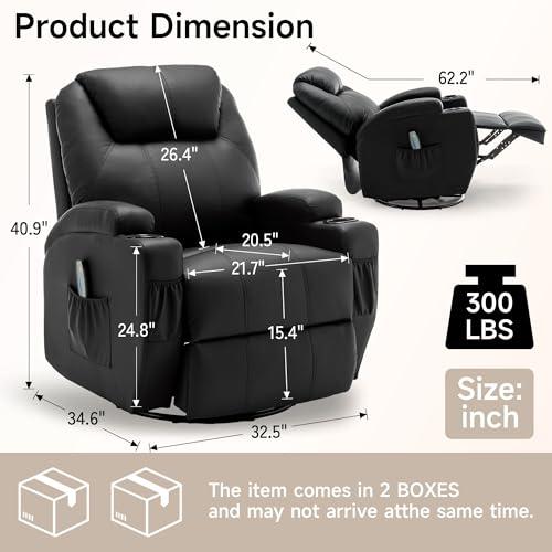 Recliner Chair, Rocking Chair with Massage and Heat, 360° Swivel Recliner Chairs for Adults