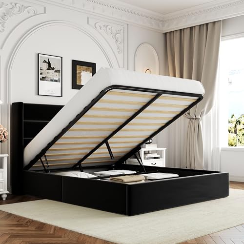 Allewie Full Size Lift Up Storage Bed, Modern Wingback Headboard, Hydraulic Support, No Box Spring Needed, Light Beige
