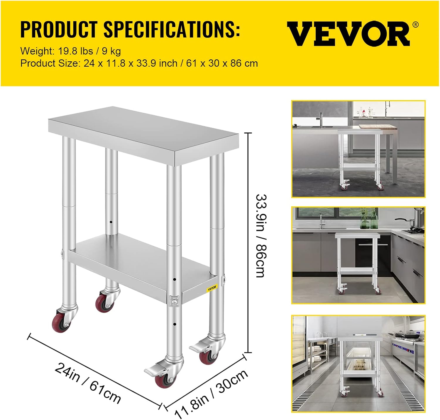 Mophorn Stainless Steel Work Table with Wheels 24 x 30 Prep Table with casters Heavy Duty Work Table for Commercial Kitchen Restaurant Business (24 x