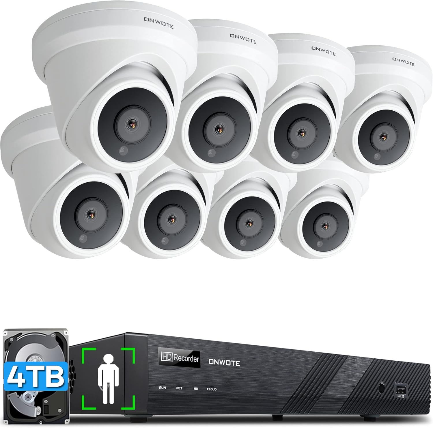 ONWOTE 4K Security Camera System 16 Channel, (8) 4K PoE IP Cameras with AI-Human-Detection, 16CH H.265+ 4K 8MP NVR 4TB HDD, 2-Storage-Bay