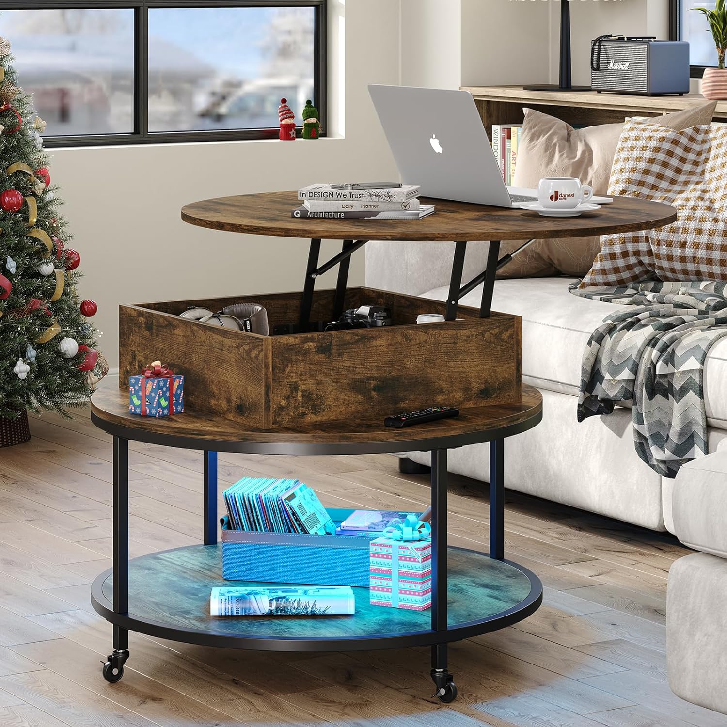 35.43''W Lift Top Round Coffee Table, Coffee Table with 2-Tier Storage