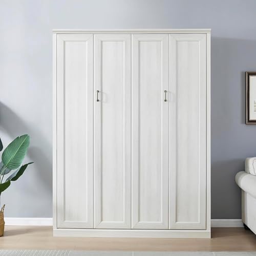 MERITLINE Queen Size Murphy Bed with Storage Bookcase Shelves,Cabinet and Charging Station,Wood Folding White Murphy Wall Bed