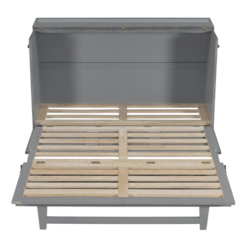 Harper & Bright Designs Full Size Murphy Bed Wall Bed, Solid Pine Murphy Bed Chest Cube Cabinet Bed with USB