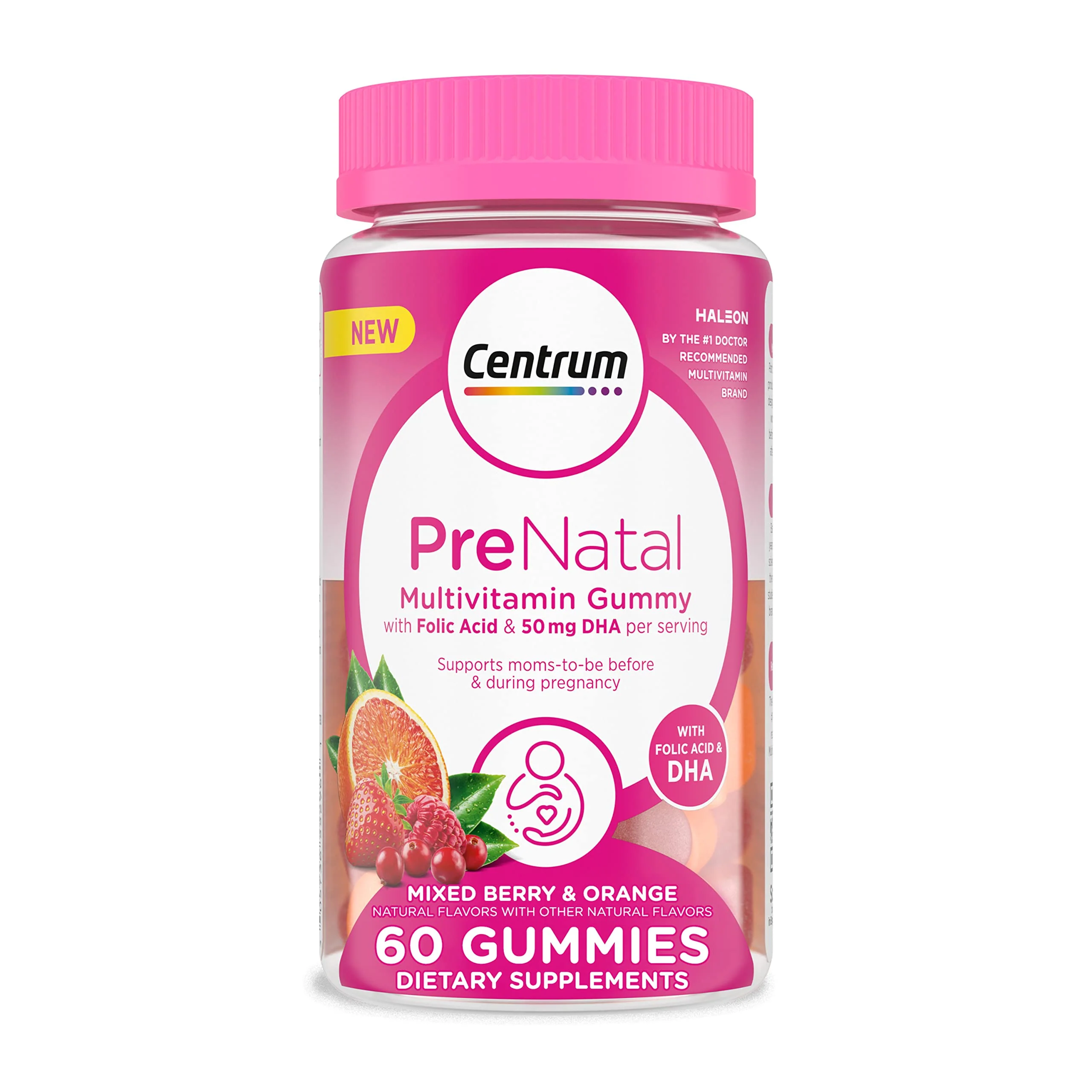 Centrum Prenatal Multivitamin Gummies with DHA and Folic Acid, Mixed Berry and Orange Flavors - 60 Count, 30 Day Supply - Kansas Nuitrition - HNZSDS