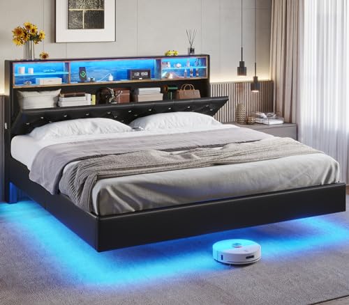 ADORNEVE King Size Floating Bed Frame with LED Lights & Hidden Storage Headboard