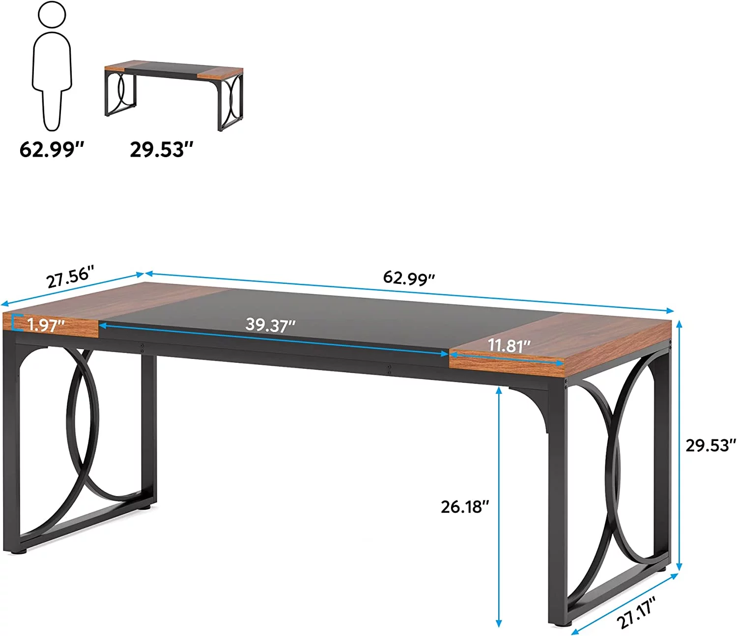 Tribesigns 63" Executive Desk, Large Office Computer Desk, Industrial Thicken Wood Workstation Business Furniture, Walnut & Black