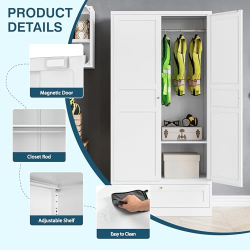 MIIIKO Steel Cabinet Wardrobe, Metal Locker Cabinet with Hanging Rod, Metal Clothing Locker Storage for Home, Office, Garage and Changing Room