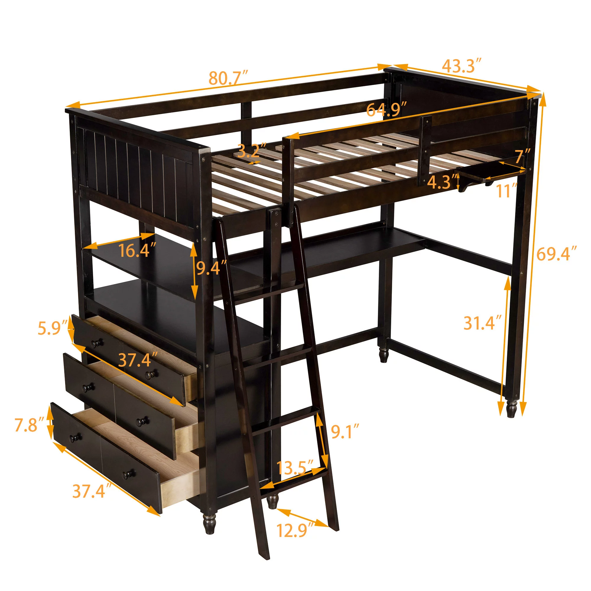 Pine Wood Twin Size Loft Bed with Desk and Shelves, Built-in Drawers, Space-Saving Dorm Apartment Bedroom Loftbed Frame W/Guardrail