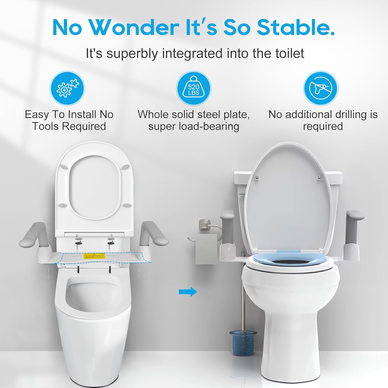 Toilet Safety Rails for Elderly (520 lbs), Handicap Toilet Rails with Foldable Handles, Toilet Assist Rails, Toilet Rails for Seniors