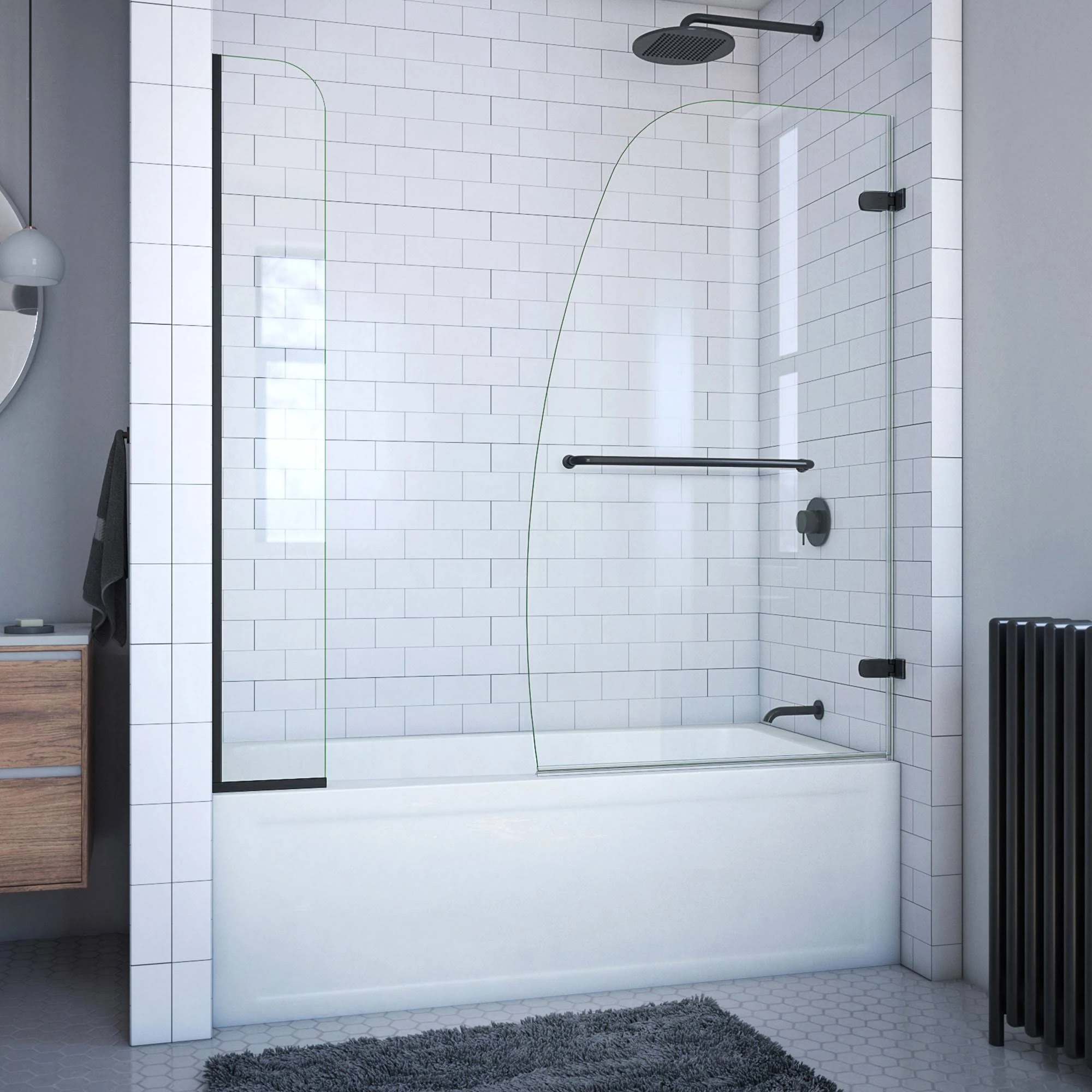 DreamLine Aqua Uno 56 in. - 60 in. W x 58 in. H Frameless Hinged Tub Door with Extender Panel in Satin Black