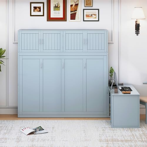 Queen Size Murphy Bed Wall Bed with Desk and Closet,Drawers and Shelves,for Small Spaces Studio Study Office Guest Room Use (Gray#Desk, Queen)