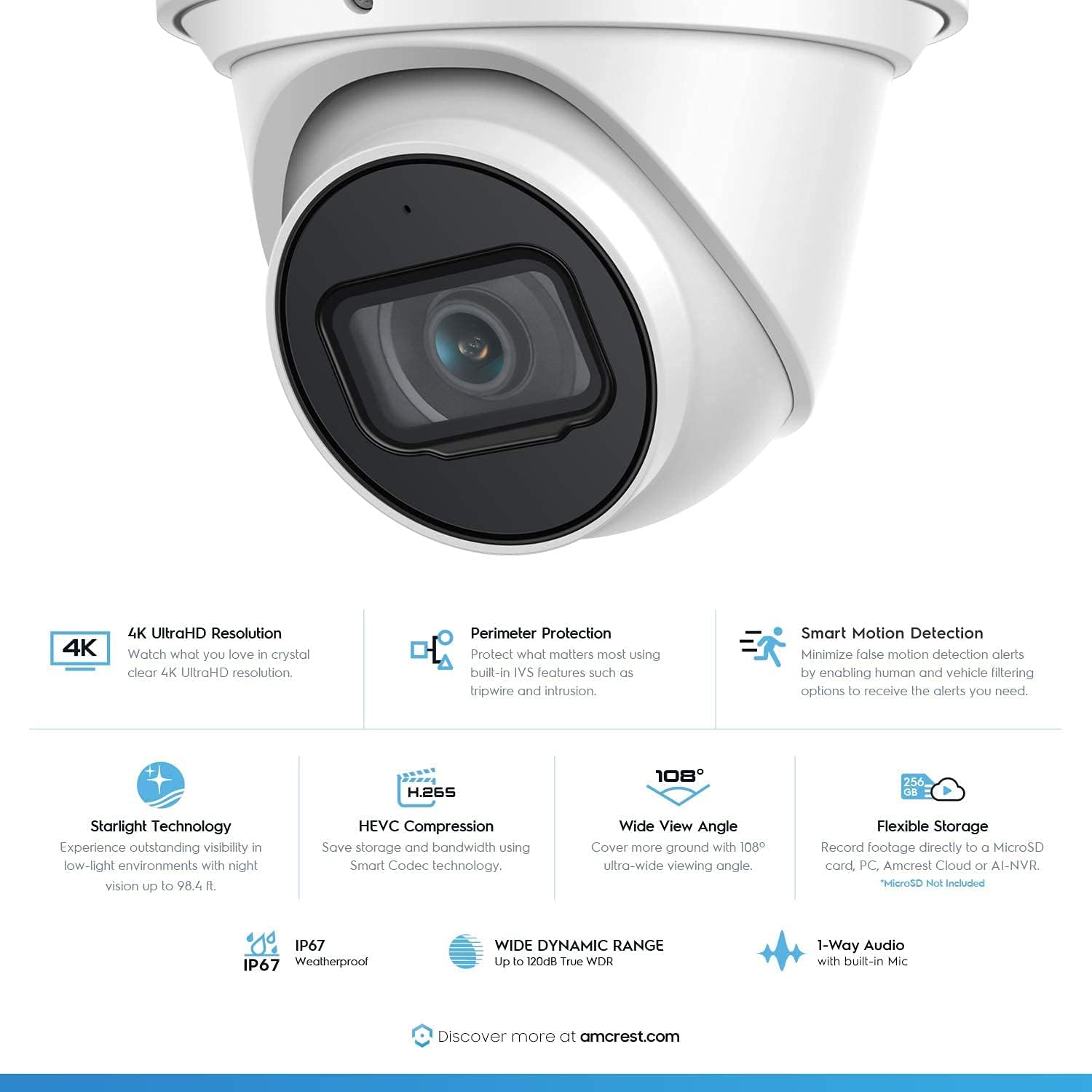 Amcrest 4K POE Camera AI Human/Vehicle Detection, UltraHD 8MP Outdoor Security Turret POE IP Camera, 3840x2160, 4K @30fps, Wide Angle